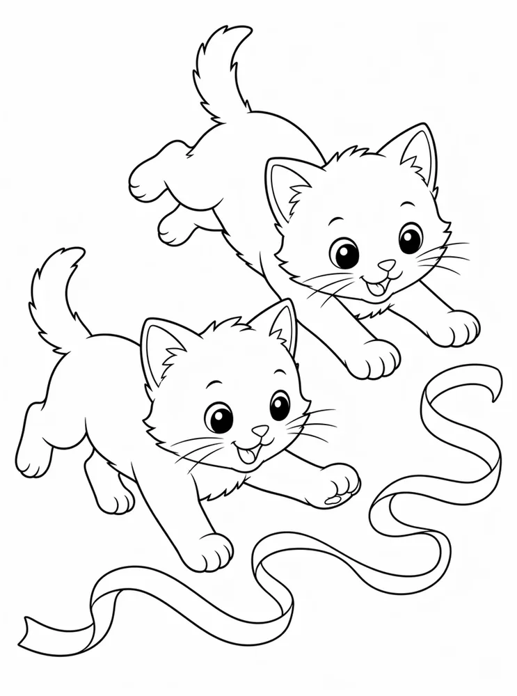 Printable kitty cat coloring page with two kittens chasing a ribbon