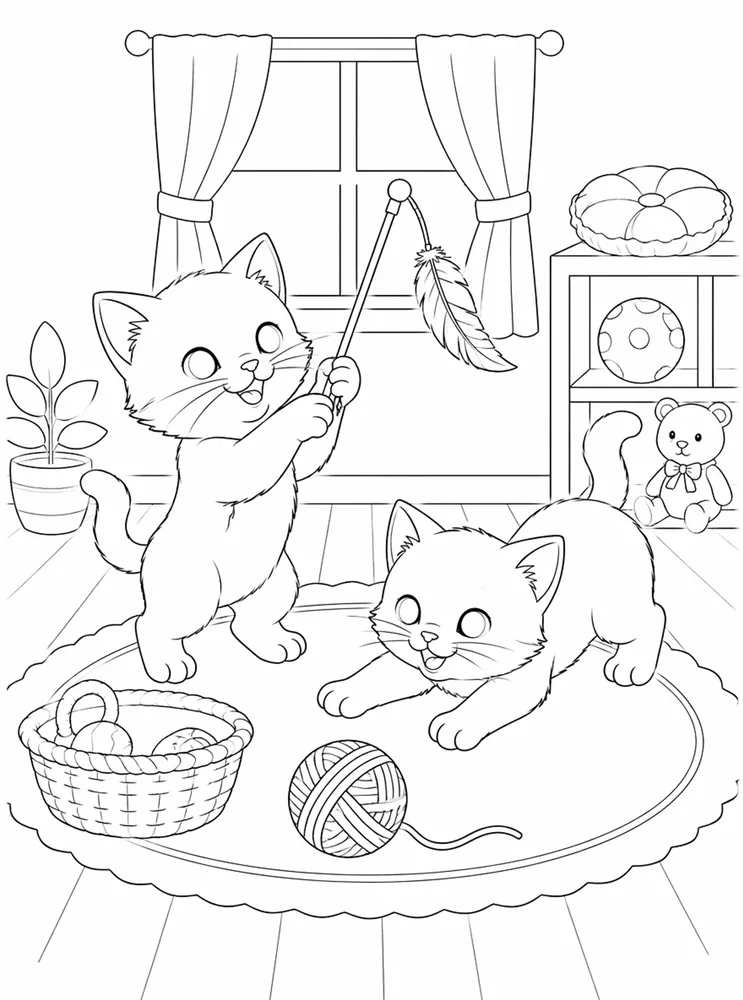 Two kittens playing in a playroom coloring page