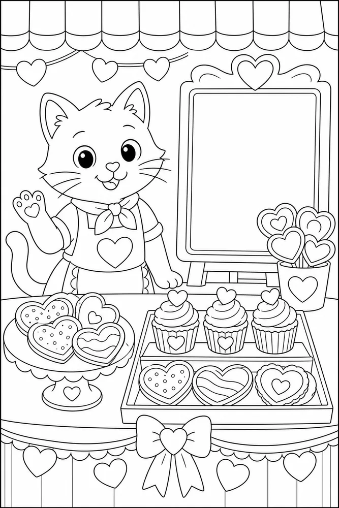 Valentine cat at a bakery display coloring page