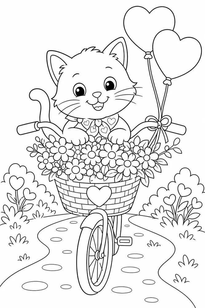 Valentine cat in a bicycle basket coloring page