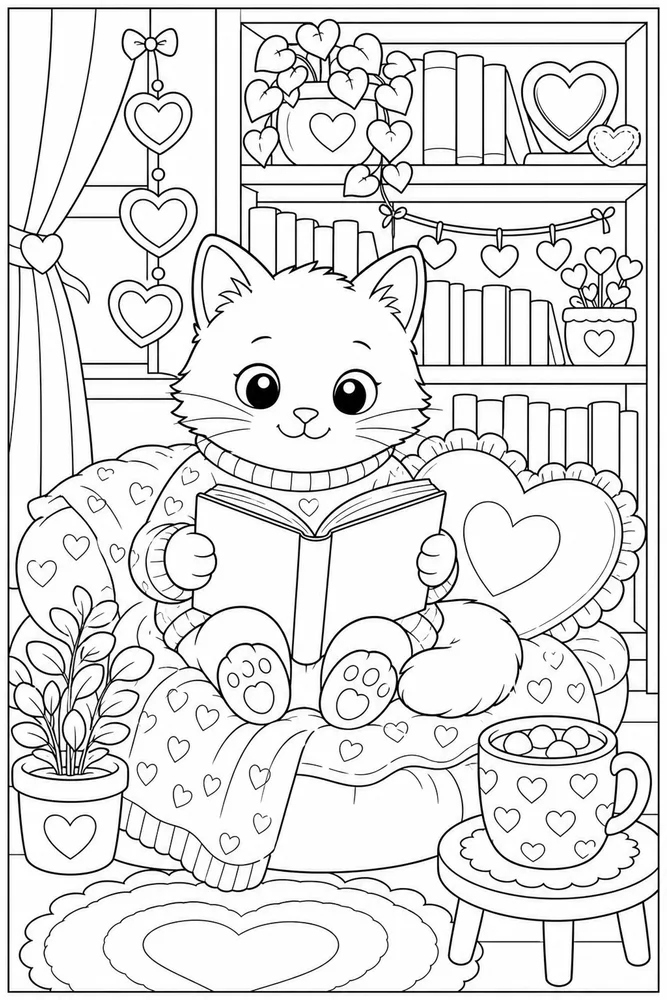 Valentine cat reading in a cozy book nook coloring page