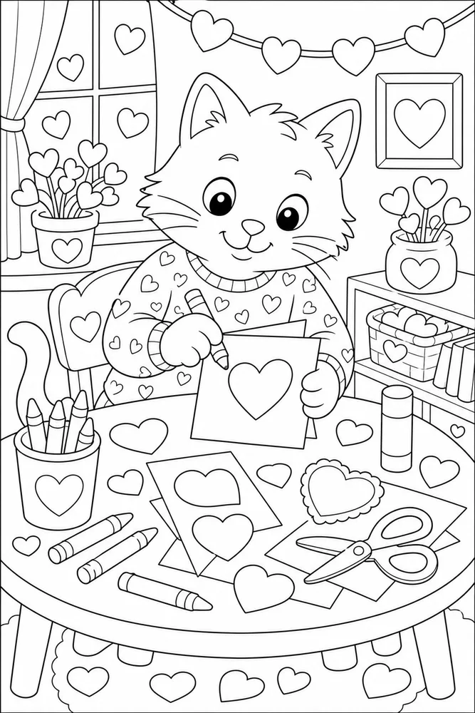 Cat making Valentine cards at a craft table coloring page
