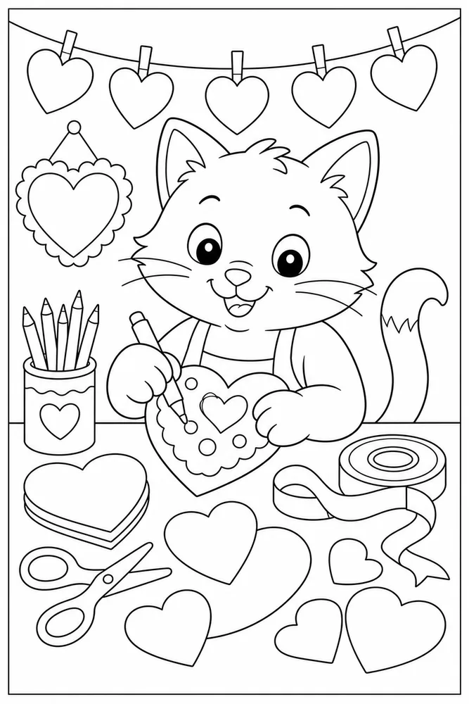 Cat decorating paper hearts at a Valentine craft desk coloring page