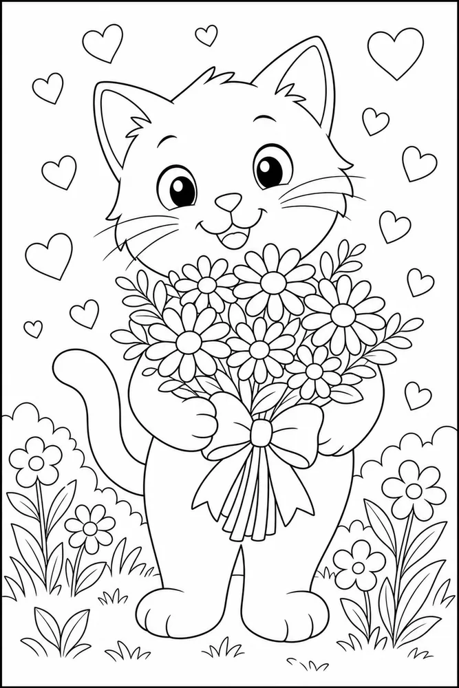 Valentine cat carrying a daisy bouquet coloring page