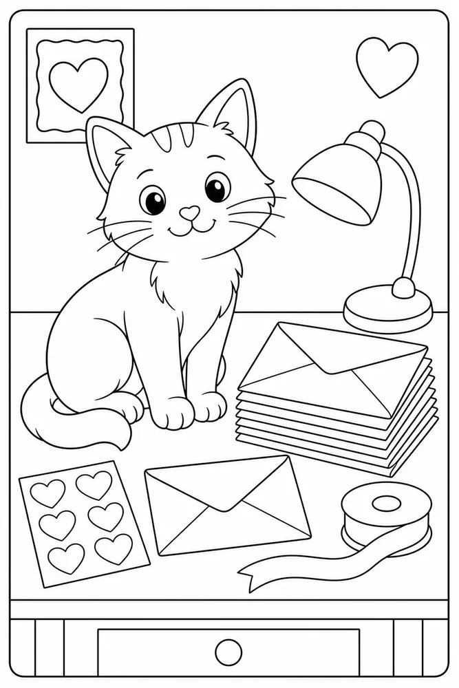 Valentine cat beside blank envelopes coloring page