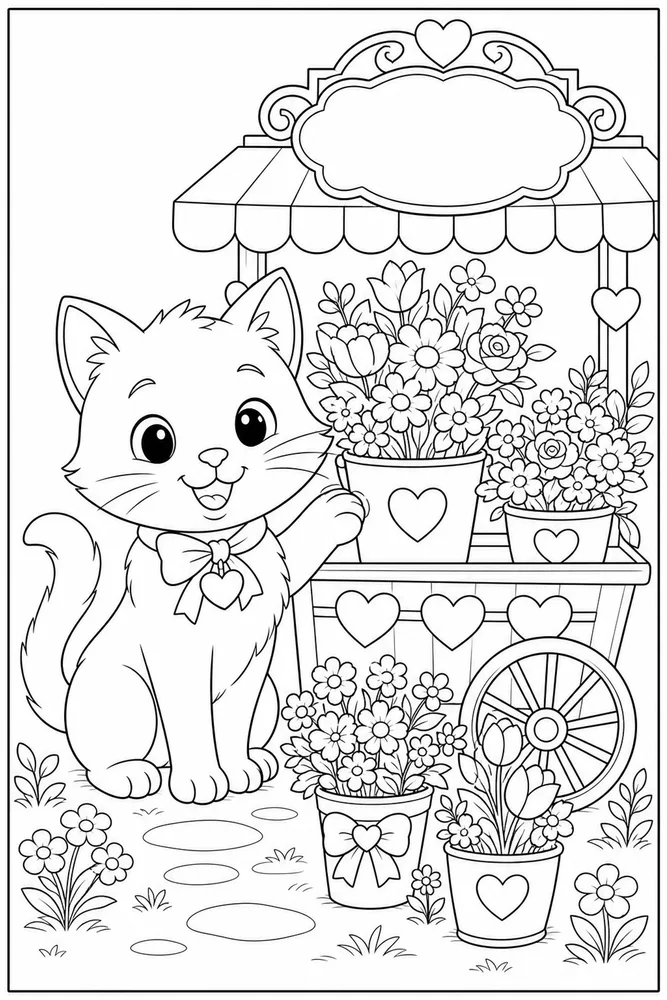 Valentine cat beside a flower cart coloring page
