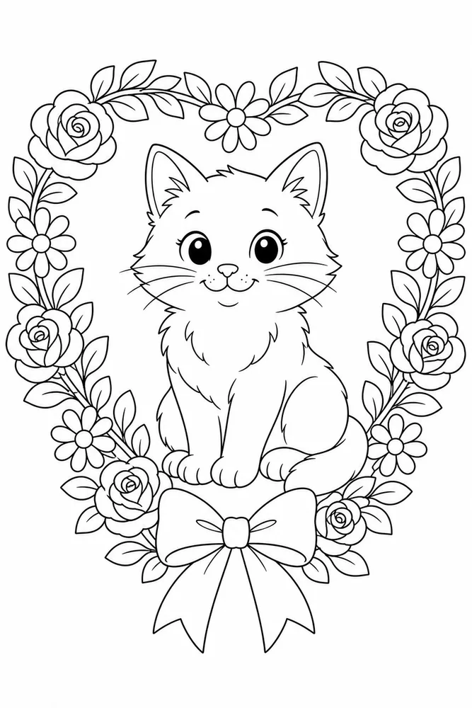 Cat in a heart-shaped flower wreath coloring page