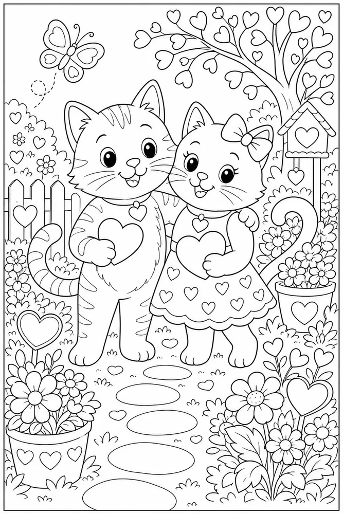 Two Valentine cats in a friendship garden coloring page