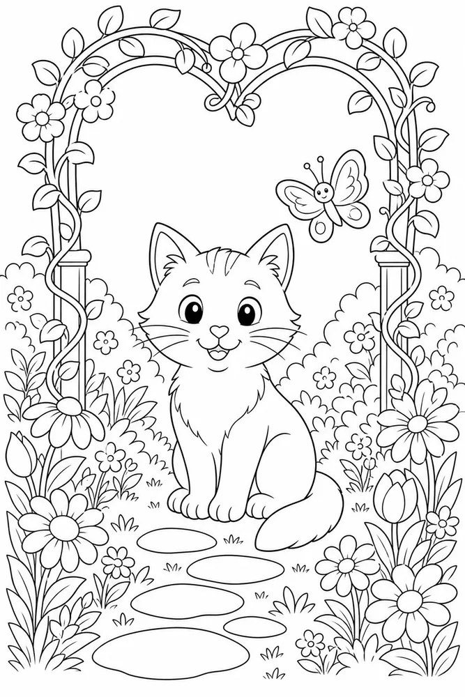 Valentine cat under a heart-shaped garden arch coloring page