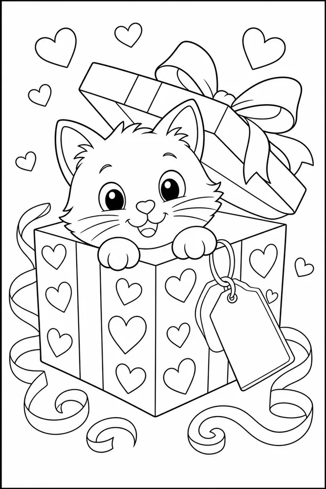 Cat peeking from a Valentine gift box coloring page