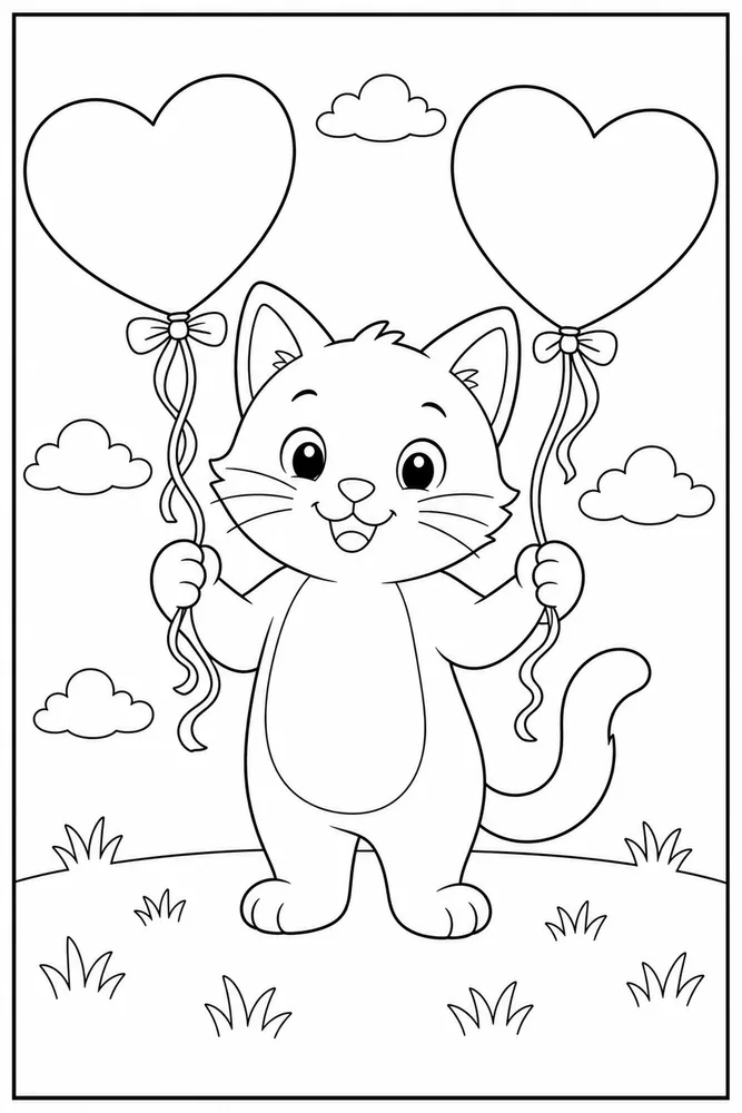 Valentine Cat Coloring Pages preview: Valentine cat holding heart balloons coloring page