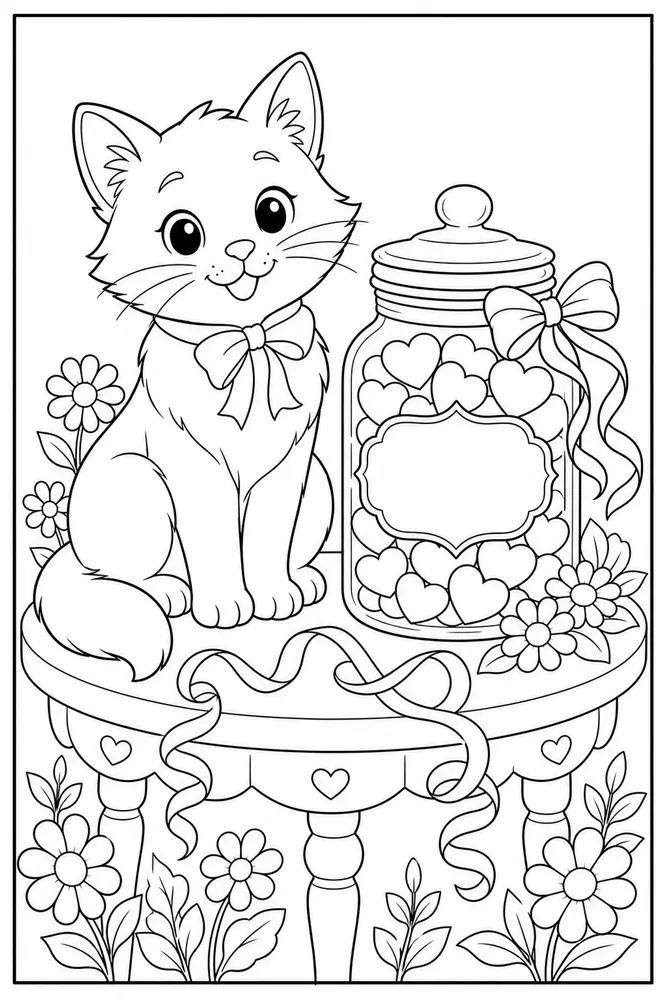 Valentine cat beside a heart candy jar coloring page