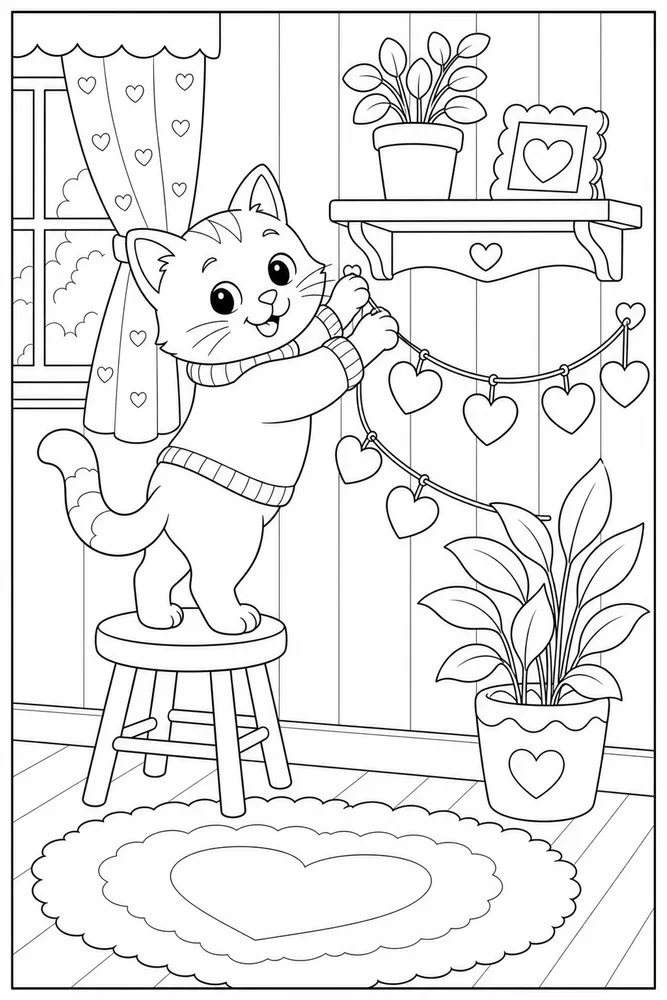 Valentine cat hanging a heart garland coloring page