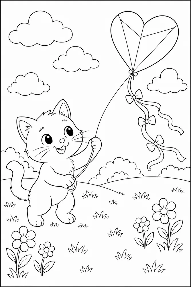 Valentine cat flying a heart-shaped kite coloring page