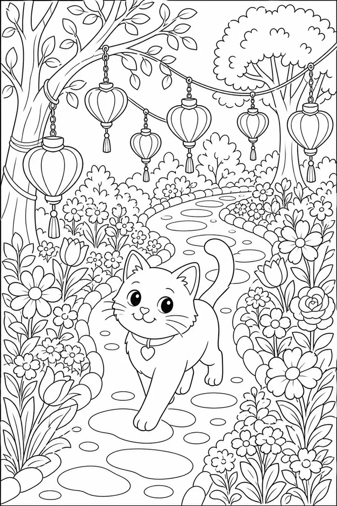 Valentine cat walking along a heart lantern path coloring page