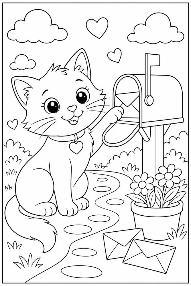 Valentine cat beside a mailbox coloring page