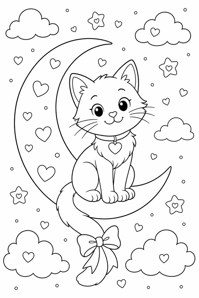 Valentine cat on a crescent moon with heart stars coloring page