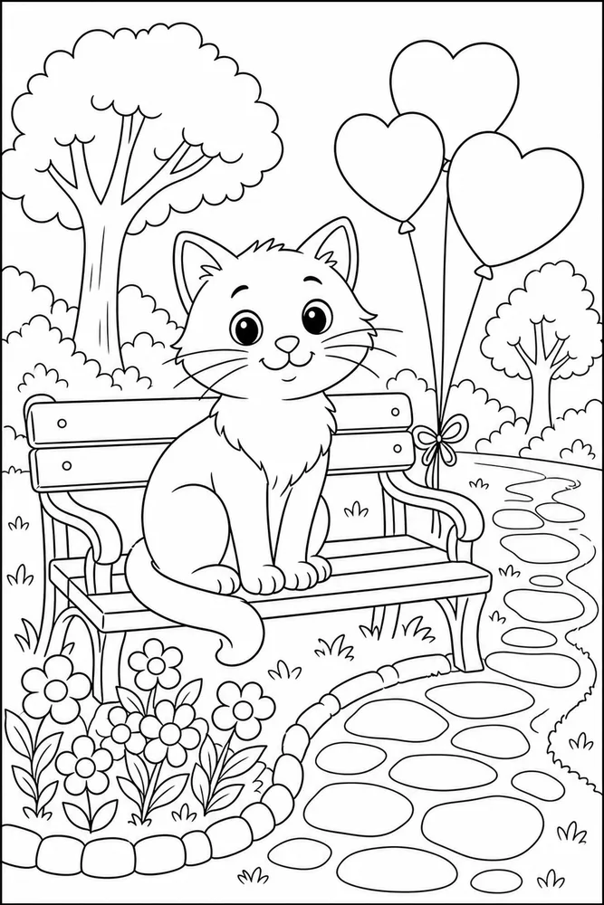 Valentine cat on a park bench coloring page