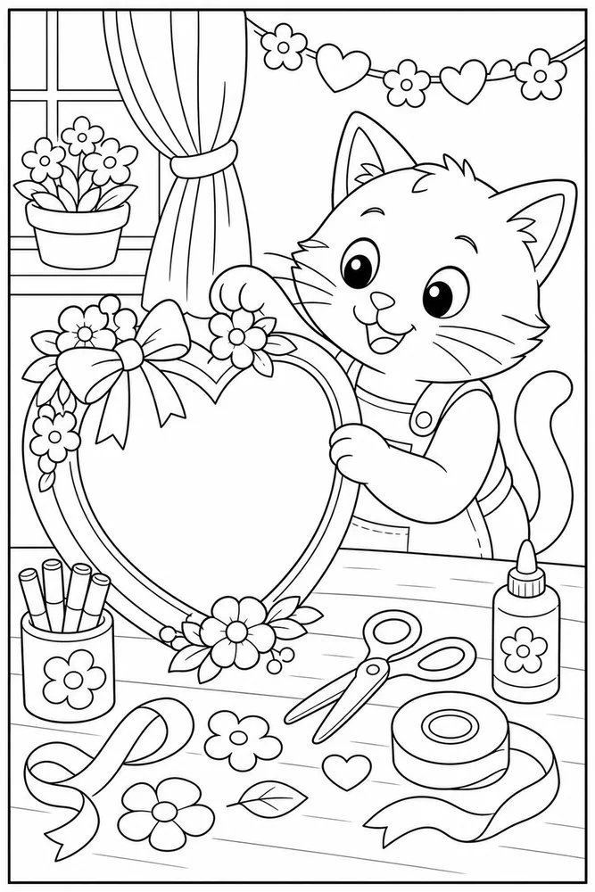 Valentine cat decorating a blank heart photo frame coloring page
