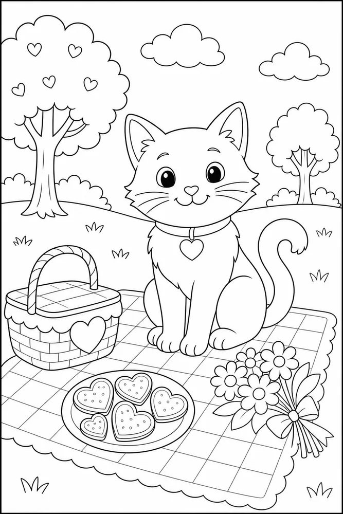 Valentine cat on a picnic blanket coloring page