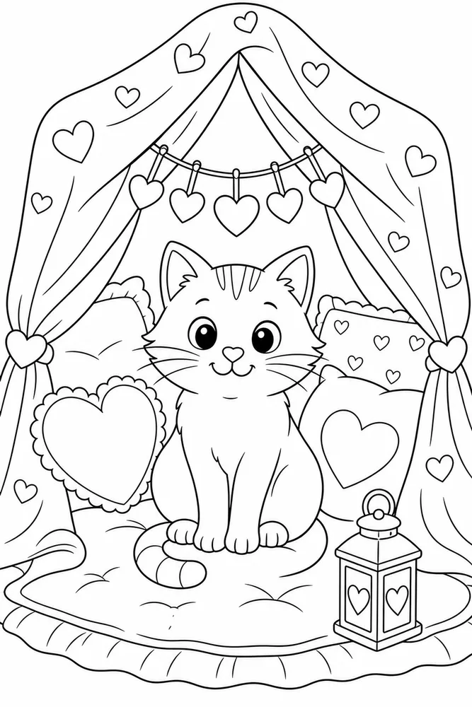 Valentine cat inside a pillow fort coloring page