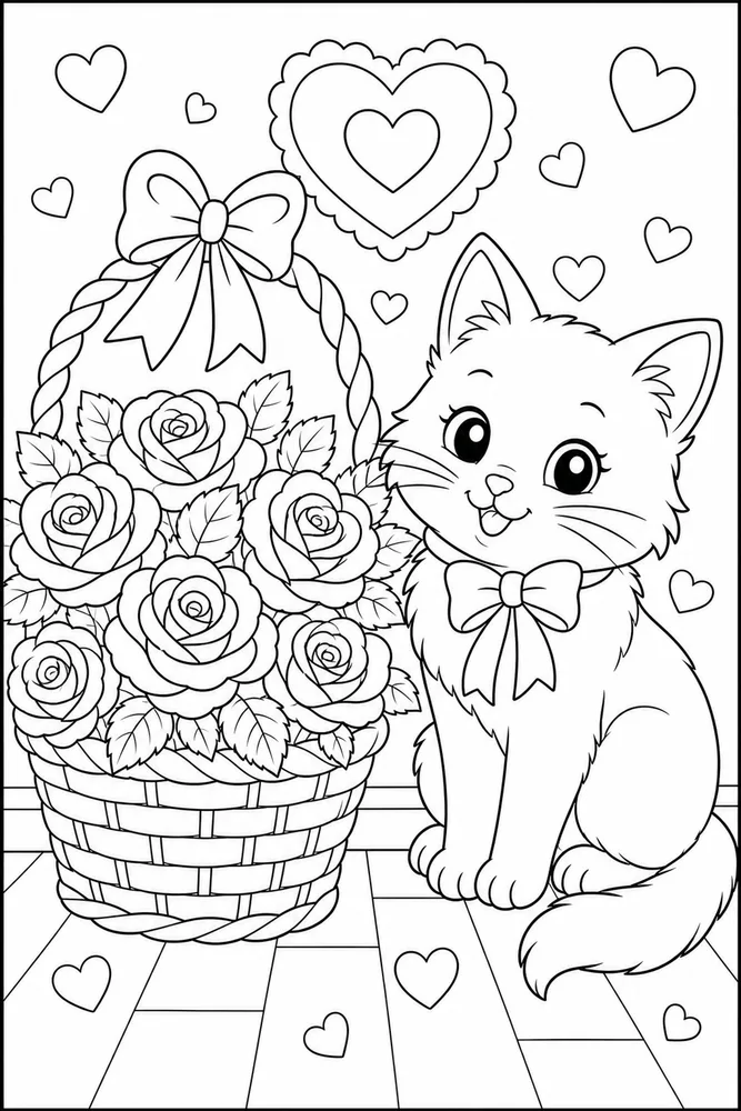 Valentine cat beside a rose basket coloring page