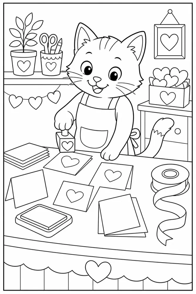 Valentine cat using heart stamps on blank cards coloring page