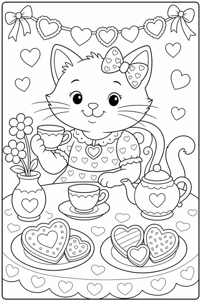 Valentine cat tea party coloring page