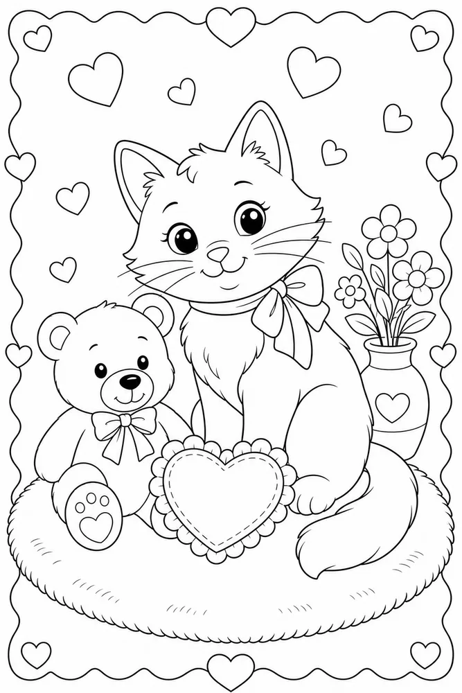 Valentine cat with teddy bear and heart pillow coloring page