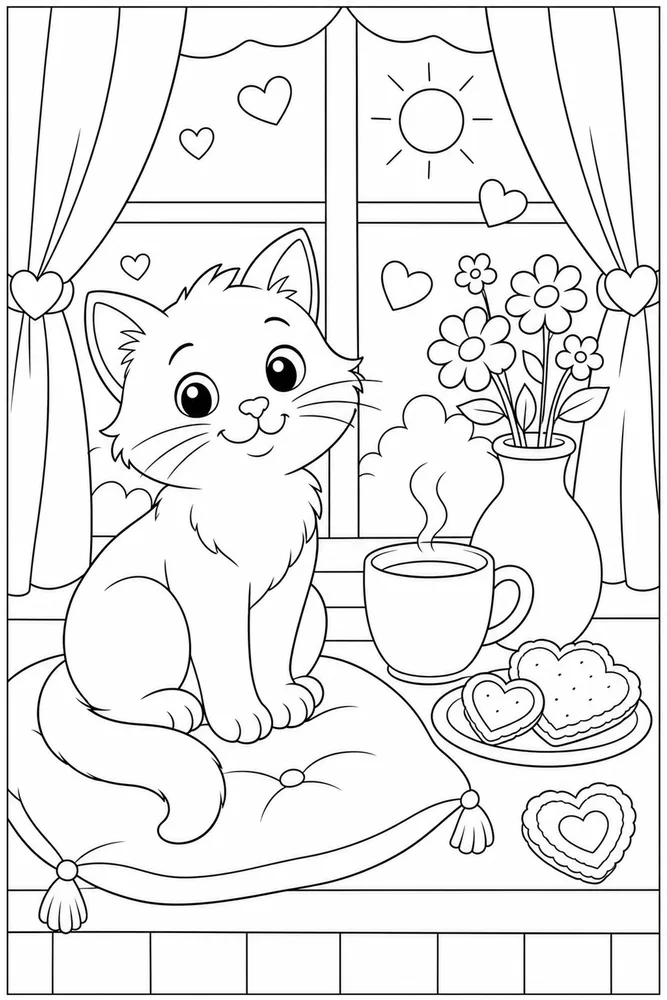 Valentine cat by a window with cup and heart cookies coloring page