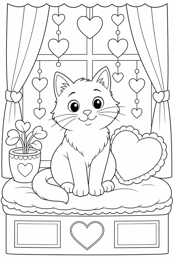 Valentine cat by a window with hanging hearts coloring page