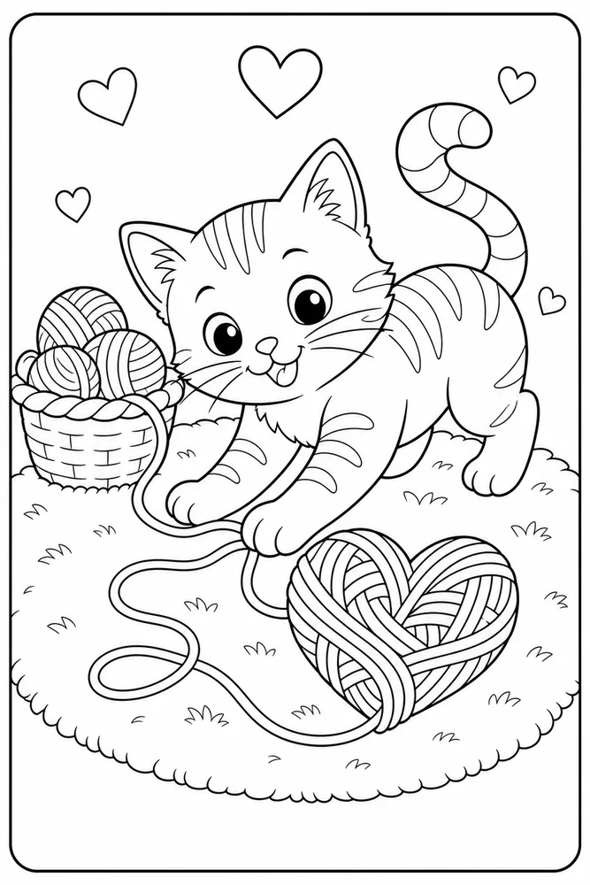 Valentine cat playing with heart-shaped yarn coloring page
