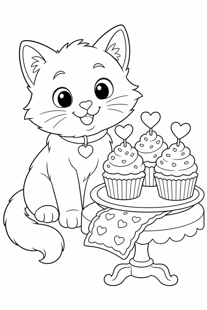 Valentine kitten beside cupcakes coloring page