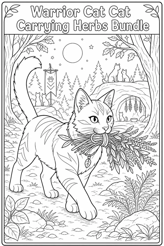 Warrior Cat Cat Carrying Herbs Bundle printable coloring page
