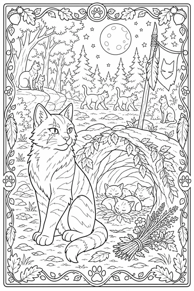 Warrior Cat Cat Guarding Nursery Den printable coloring page