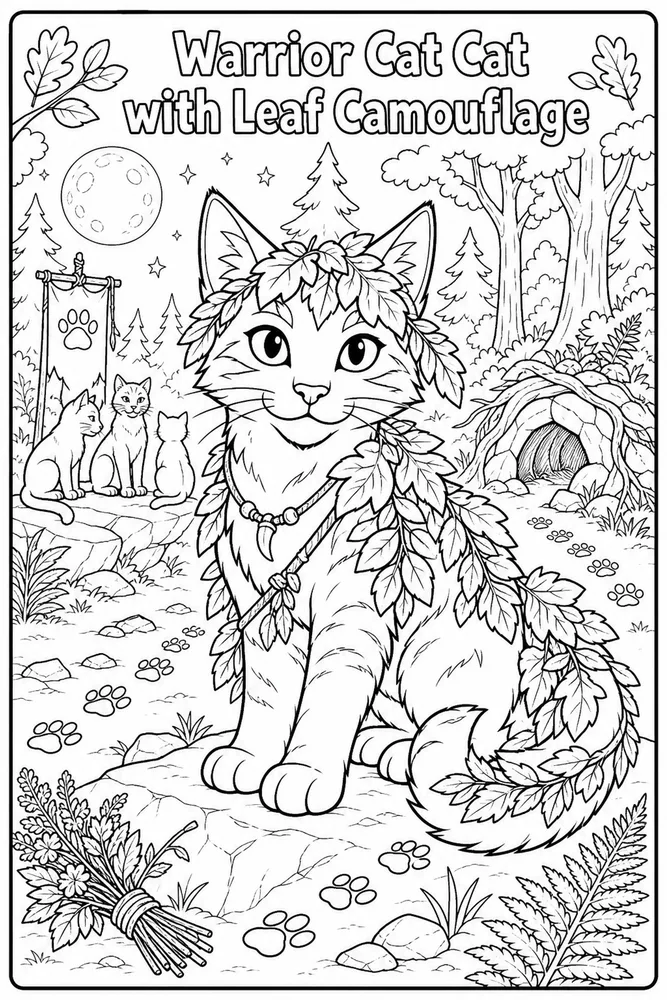 Warrior Cat Cat with Leaf Camouflage printable coloring page