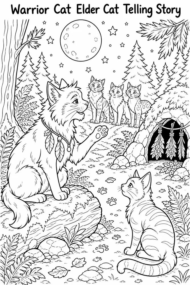 Warrior Cat Elder Cat Telling Story printable coloring page