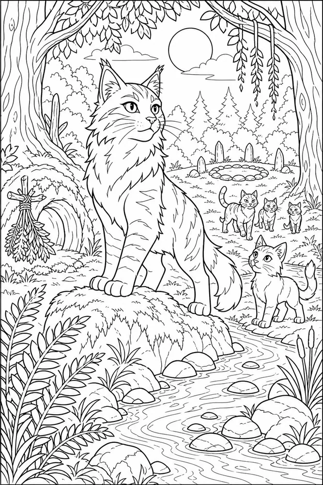 Warrior Cat Forest Stream Clan Scene printable coloring page
