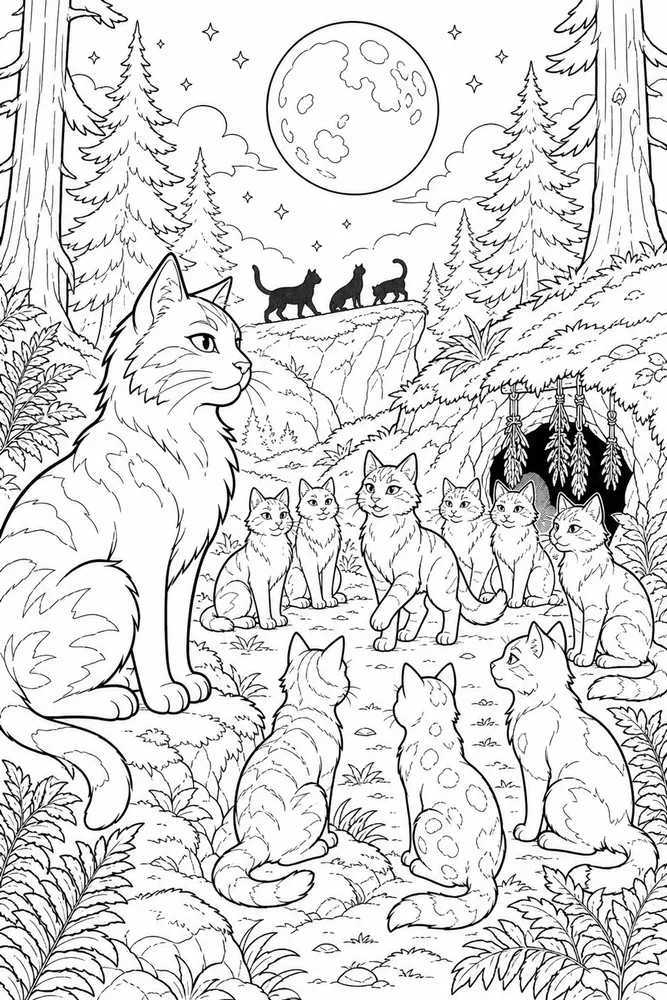 Warrior Cat Moonlit Cat Gathering printable coloring page