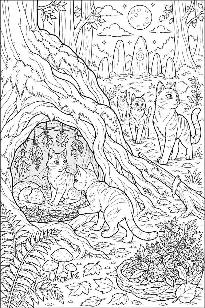 Warrior Cat Secret Den in Roots printable coloring page