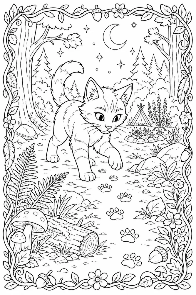 Warrior Cat Young Cat Following Pawprints printable coloring page