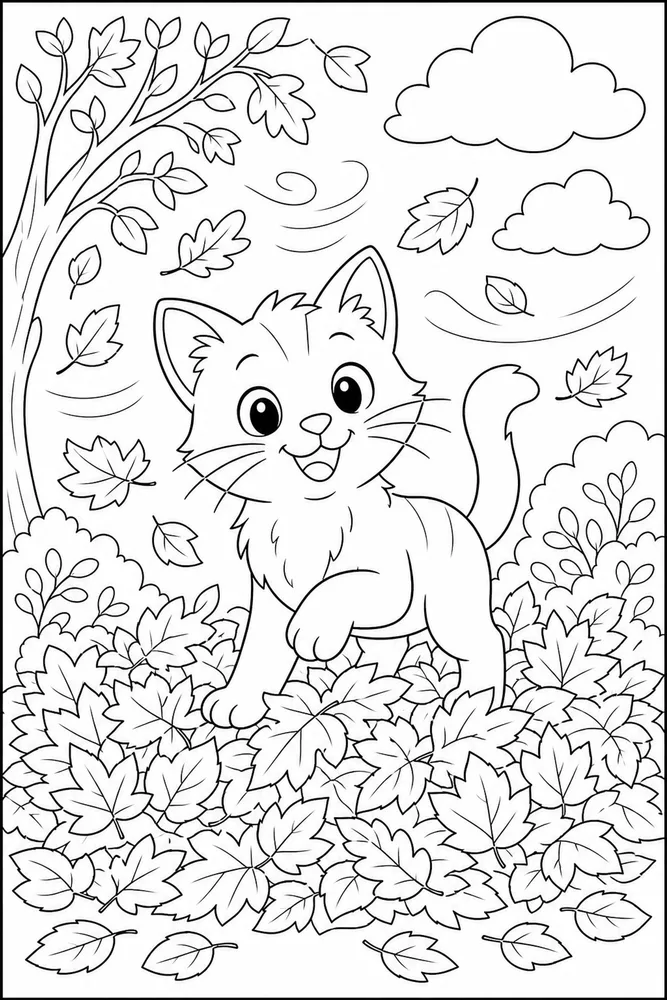Weather Cat Autumn Leaves printable coloring page for kids