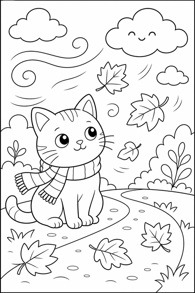 Weather Cat Autumn Wind printable coloring page for kids