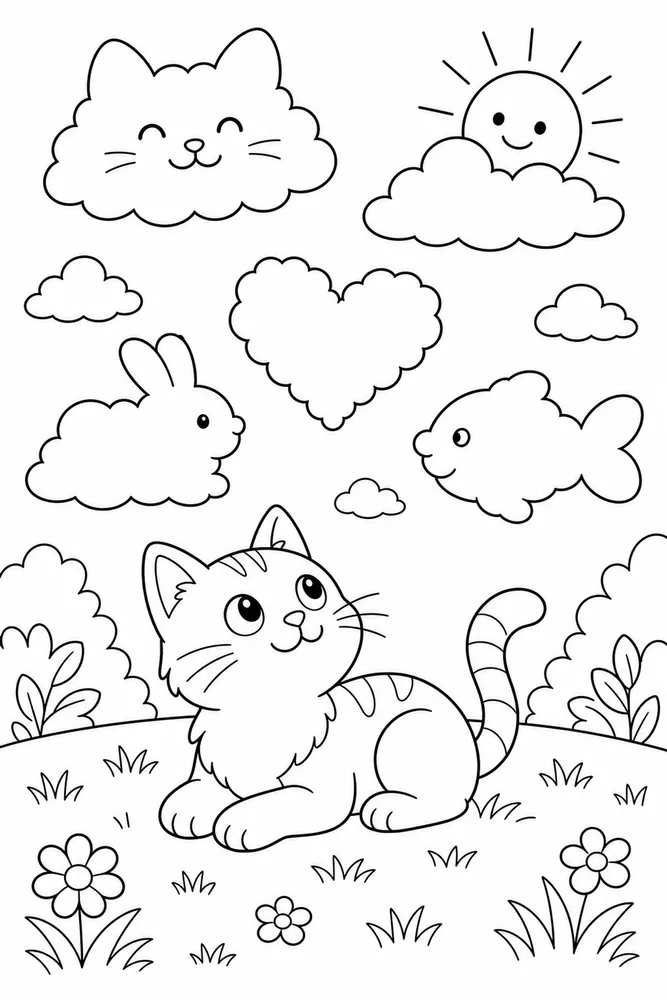 Weather Cat Cloud Shapes printable coloring page for kids
