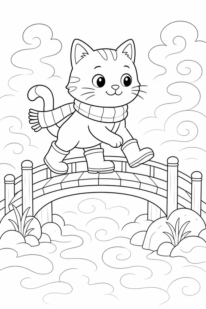 Weather Cat Foggy Bridge printable coloring page for kids
