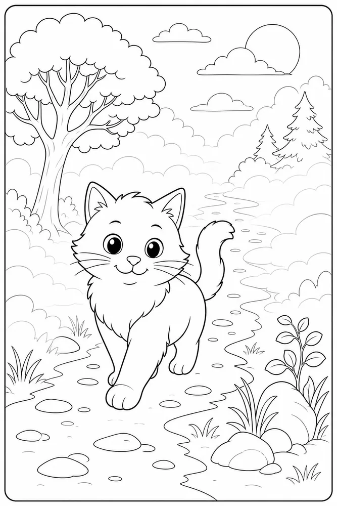 Weather Cat Foggy Path printable coloring page for kids