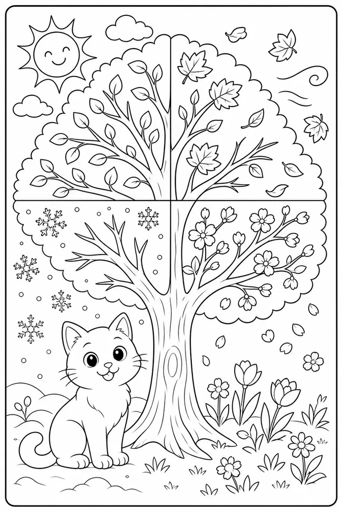Weather Cat Four Season Tree printable coloring page for kids