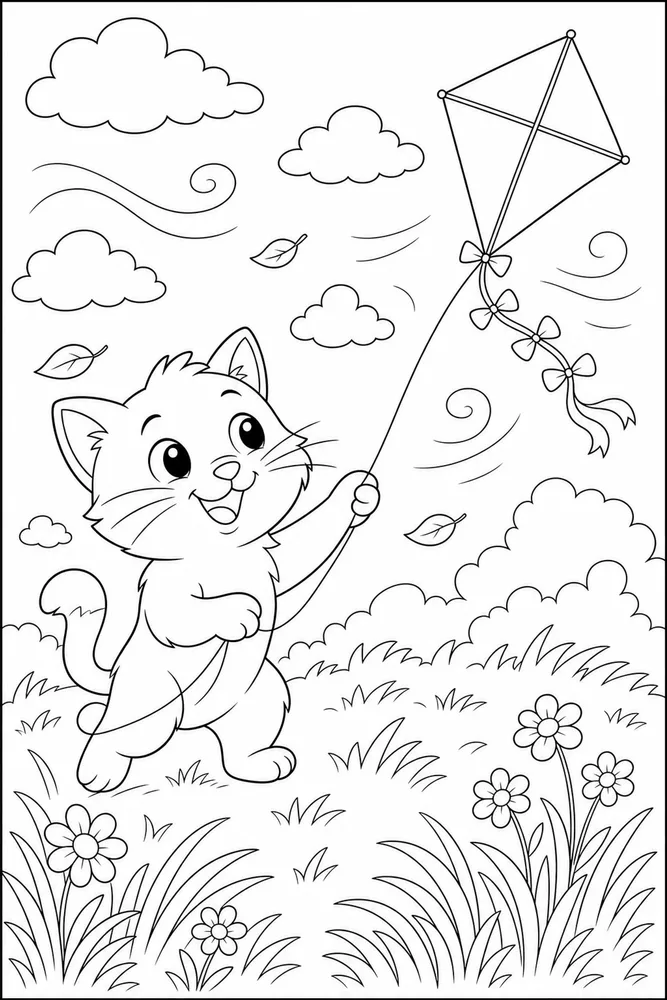 Weather Cat Kite Breeze printable coloring page for kids