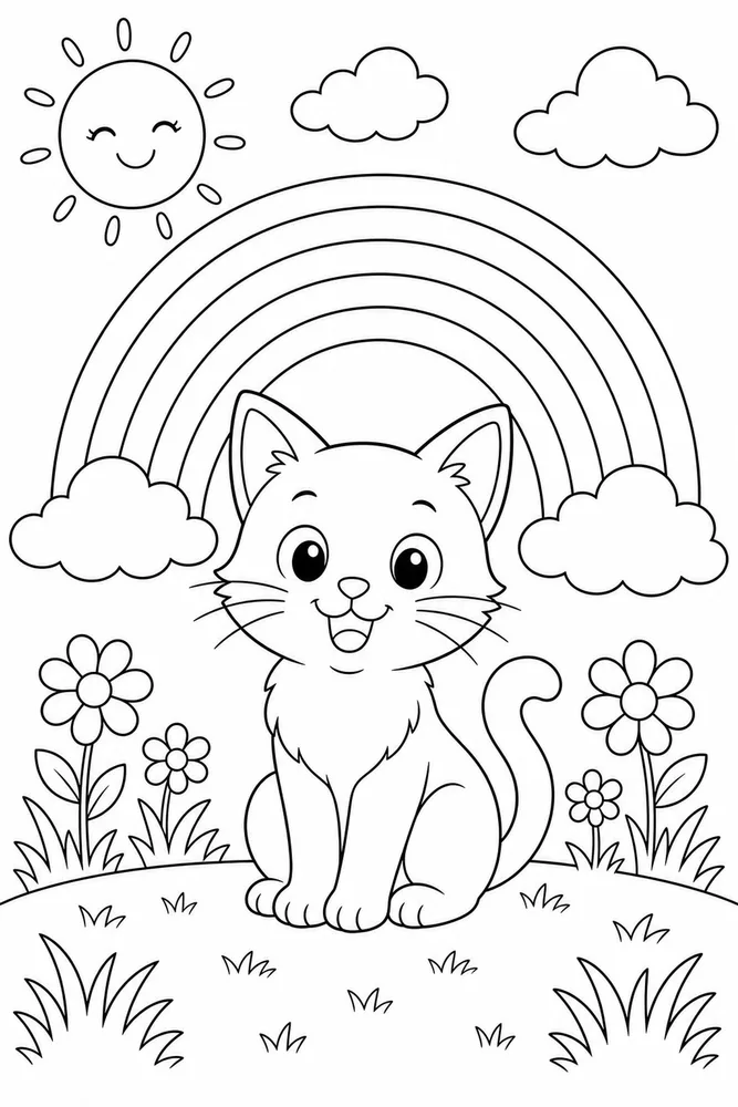 Weather Cat Rainbow Arch printable coloring page for kids