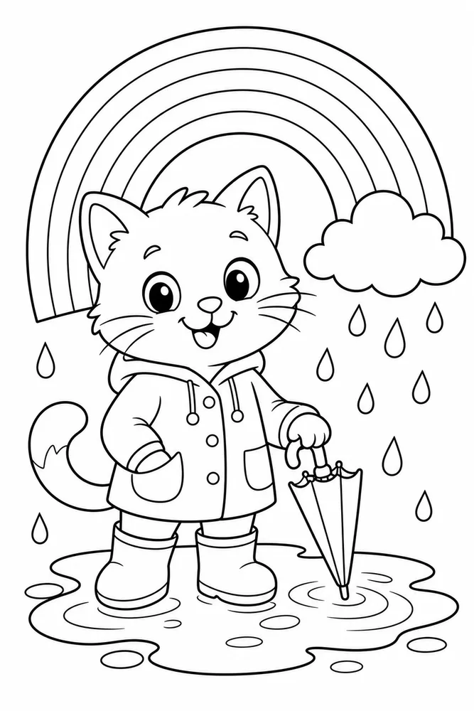Weather Cat Rainbow Puddle printable coloring page for kids